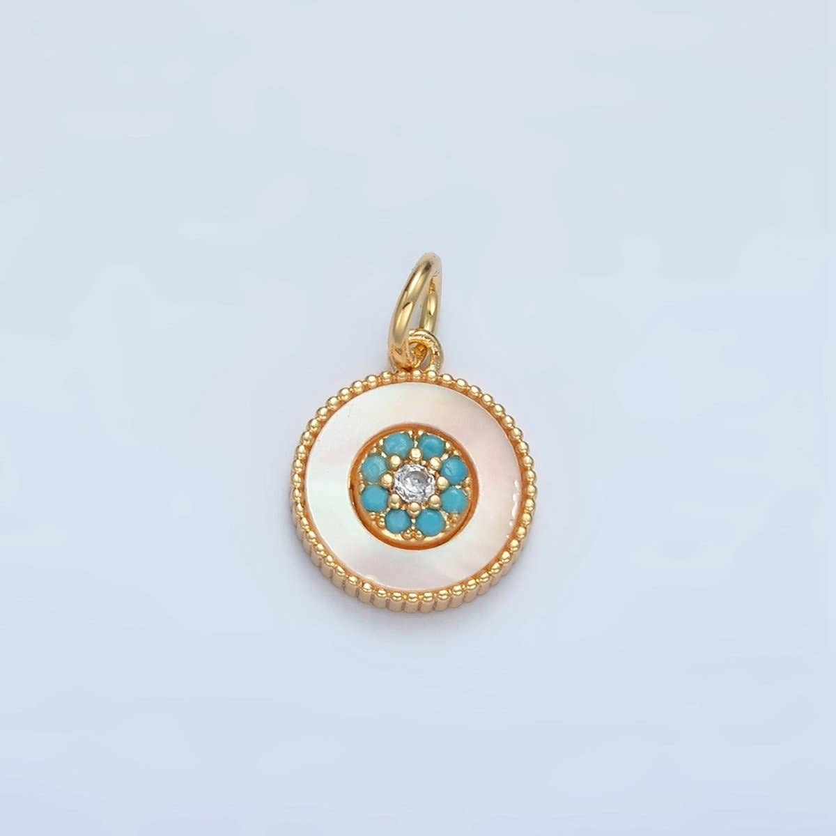 24K Gold Filled Turquoise Micro Paved Shell Pearl Round Charm