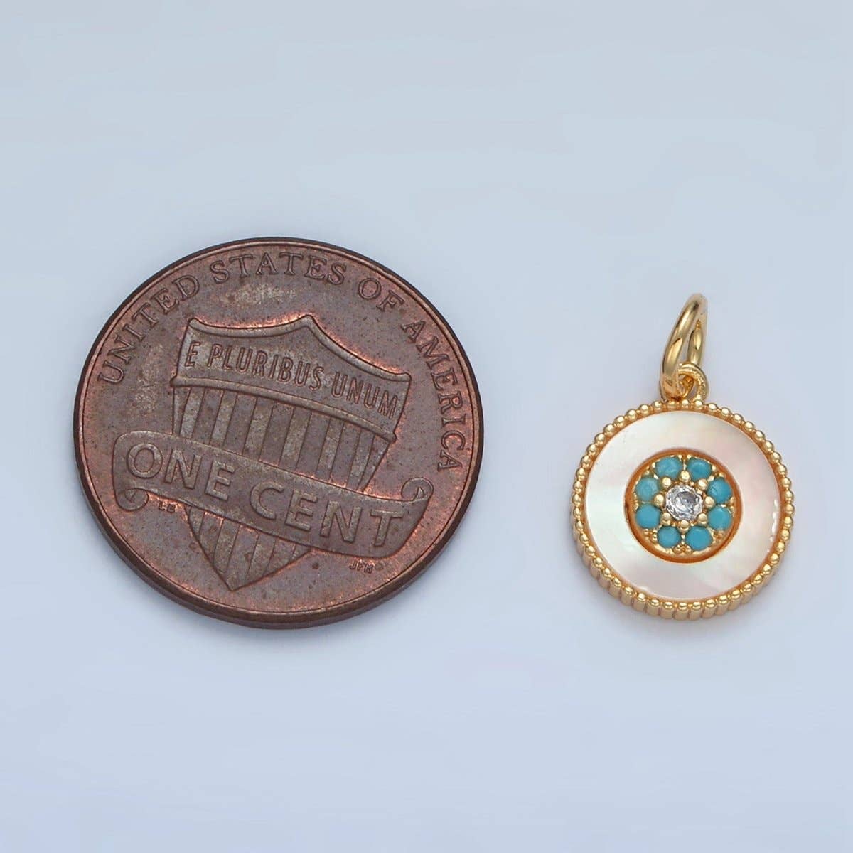 24K Gold Filled Turquoise Micro Paved Shell Pearl Round Charm